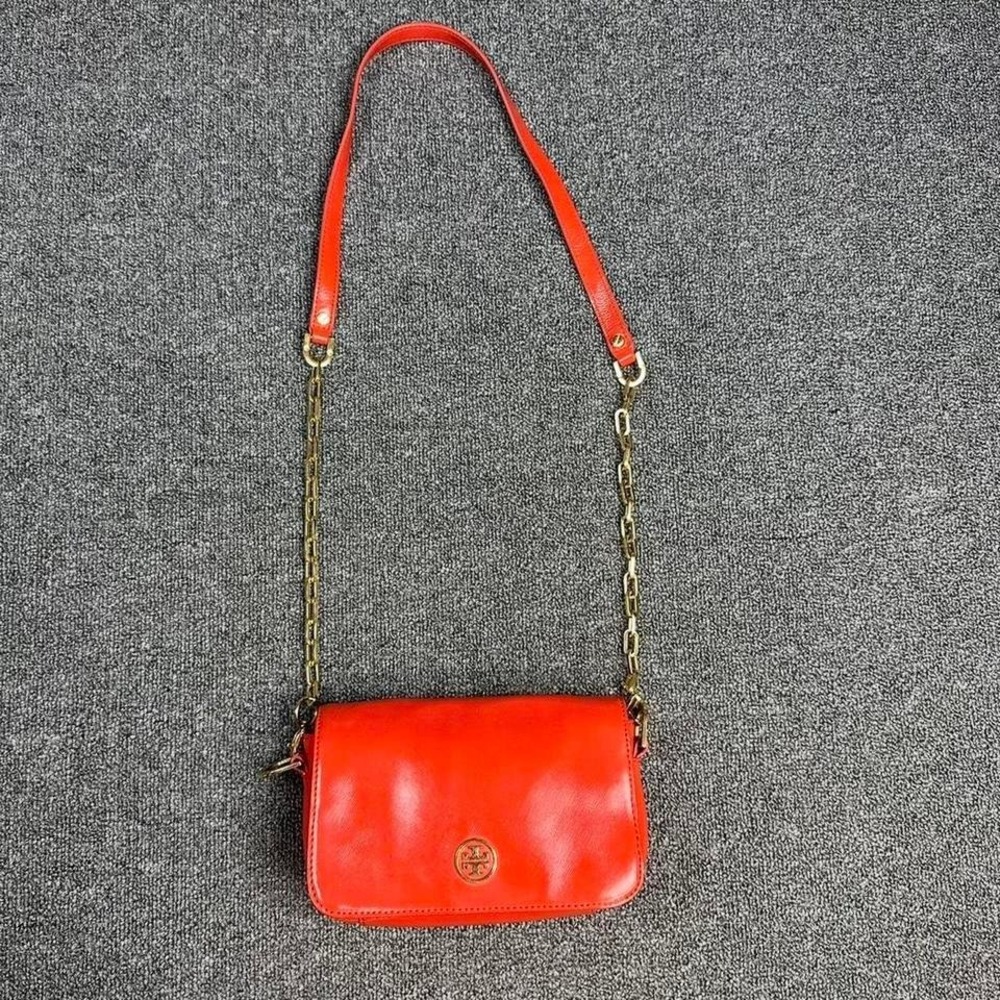 Tory Burch Orange Crossbody Bag Leather Shoulder Purse Adjustable Strap Womens